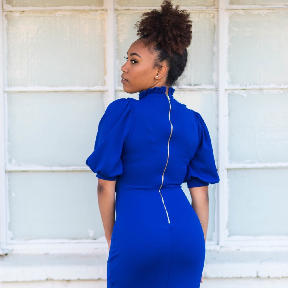 Puff Sleeve Ruffle Bodycon Dress - Picture 2 of 4